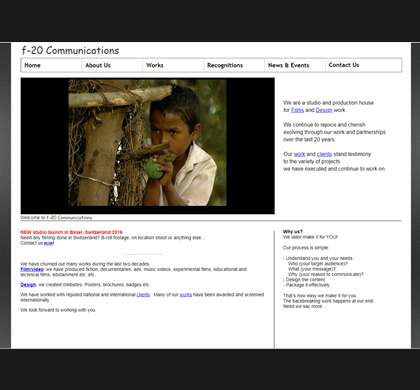 Screenshot2 of designed static website for f-20 Communications displayed on desktop, featuring a sophisticated design