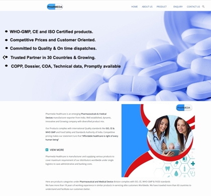 Desktop view of designed Website for Pharmeda Healthcare. featuring key sections and layout elements.