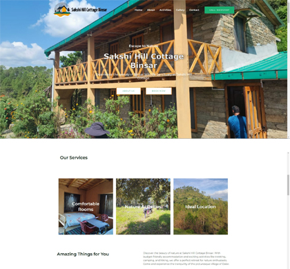 Desktop view of Sakshi Hill Cottage Binsar's website, showcasing elegant design and services for a lodge in Binsar.