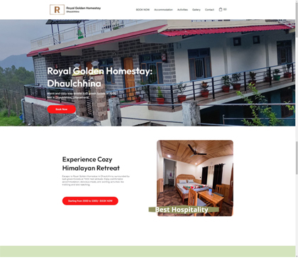 Desktop view of the designed website for Royal Golden Homestay, highlighting services and elegant design elements.