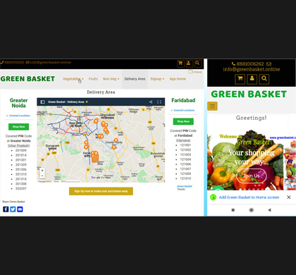 Desktop and Mobile view of designed Website for Green Basket app showcasing elegant design and online shopping services in a green-themed layout.